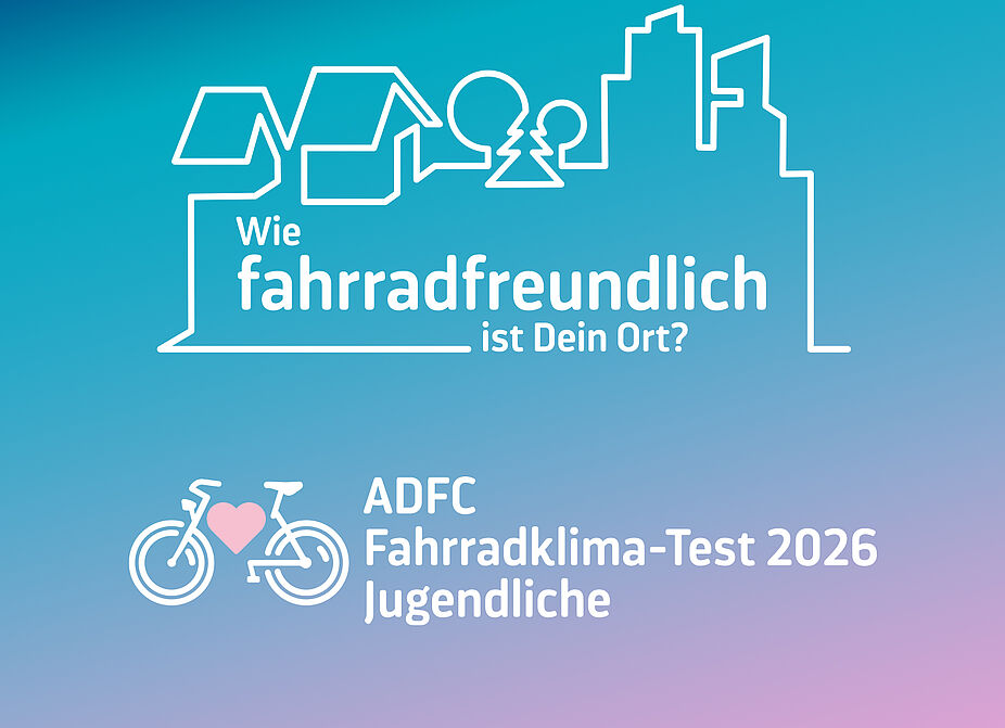 Fahrradklima-Test 2026 Jugendliche Keyvisual Grafik mit Häusern, Stadtumriss und Fahrrad. Daneben steht: ADFC Fahrradklima-Test 2026 Jugendliche.