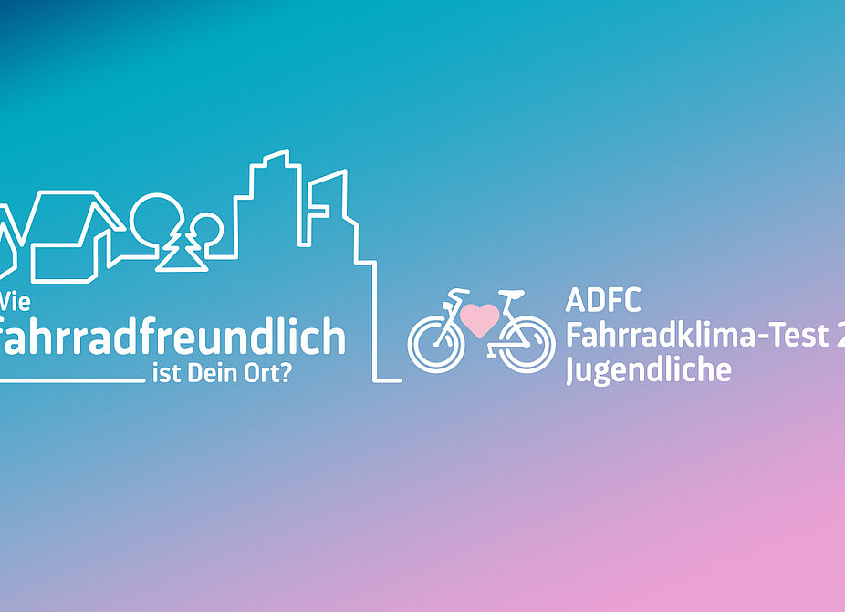 Fahrradklima-Test 2026 Jugendliche Keyvisual Grafik mit Häusern, Stadtumriss und Fahrrad. Daneben steht: ADFC Fahrradklima-Test 2026 Jugendliche.