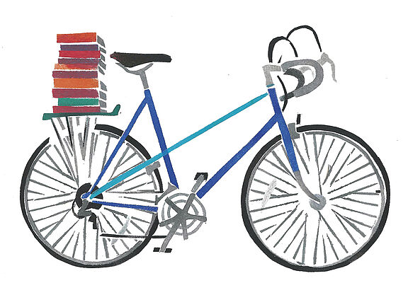 ADFC-Akademie-Fahrrad blaues Fahrrad mit Büchern auf dem Gepäckträger