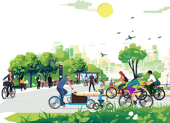 Studie zum Potenzial des Radverkehrs Grafik mit Menschen, die sich auf dem Fahrrad in einer Stadt bewegen