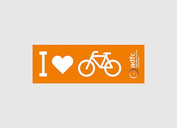 Aufkleber_i_love_fahrrad_rechteckig_42100 Aufkleber orange, lang für die Fahrradstange, mit weißer Schrift und Symbolen, großes i, Herz, Fahrrad, sowie das ADFC-Logo